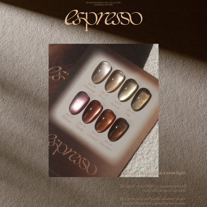 Nail polish set with espresso-themed packaging on a textured surface