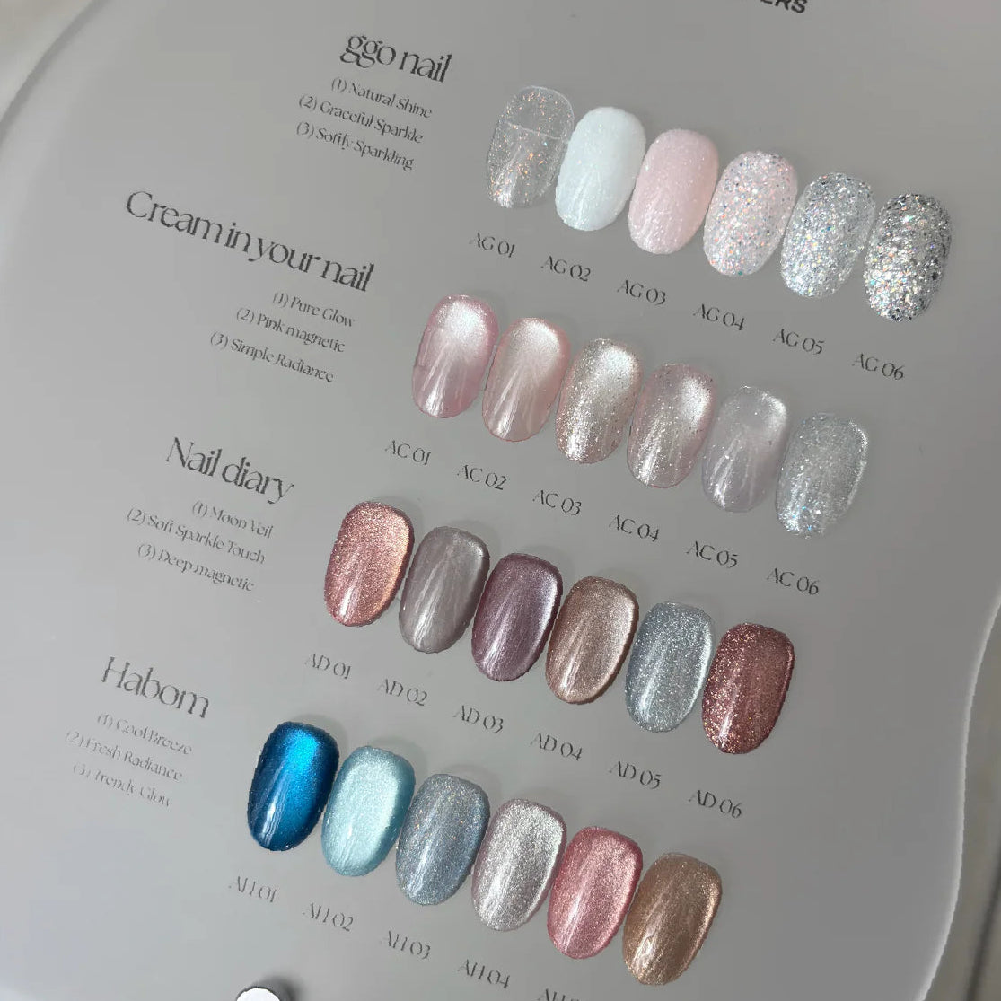 Nail color swatch card with 'Aurora Queen' branding and various nail polish colors.
